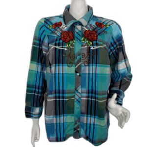 SARA STUDIO Blouse, 0X, Floral Embroidery, Plaid, Snap front, Rhinestones